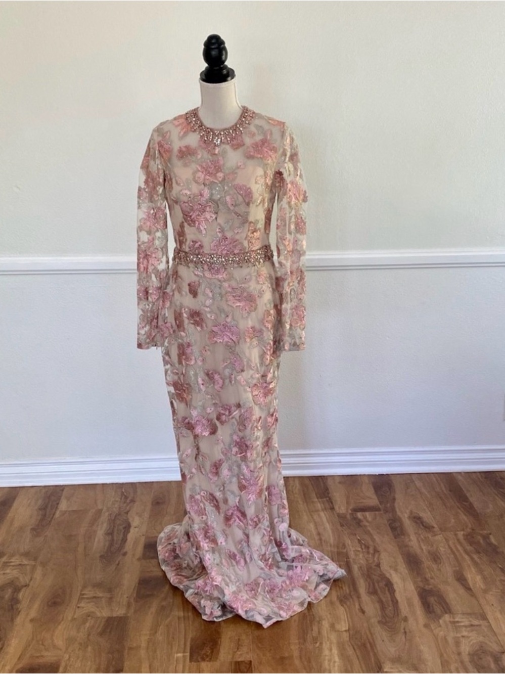 Cream Mac Dugg Pink Floral Embellished Long-Sleeve Evening Gown